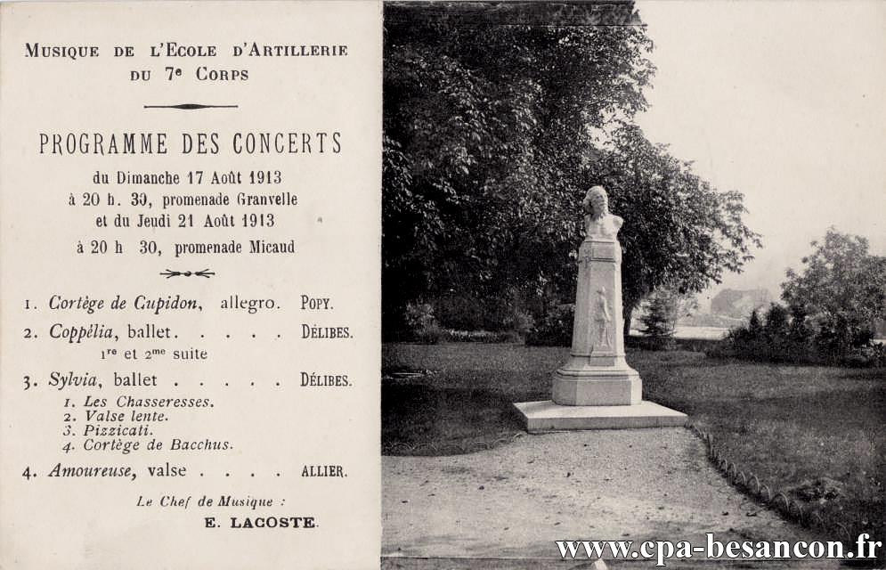 Musique de l'Ecole d'Artillerie du 7e Corps - Programme des Concerts du Dimanche 17 Août 1913 à 20h30, promenade Granvelle et du Jeudi 21 Août 1913 à 20h30, promenade Micaud